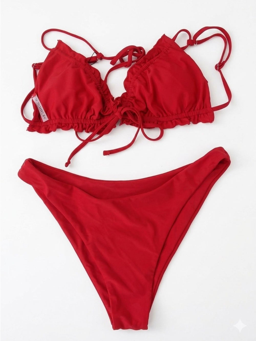Zaful Red Ruffle Tie Front Cinched Bikini Set Resortwear Vacation NWT XL (12-14)